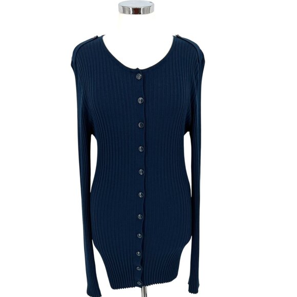 Long Tall Sally Womens Ribbed Navy Cardigan Sweater Button Front Size Medium - Picture 1 of 11